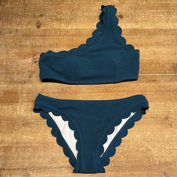CUPSHE Solid Teal One Shoulder Scalloped Bikini Set - Picture 2 of 7